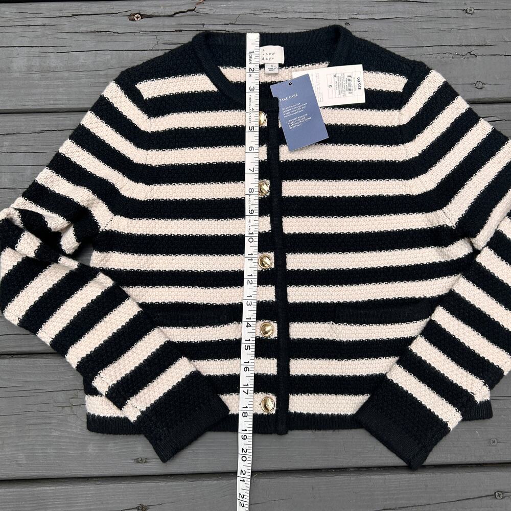 A New Day Lady Cardigan Small Black Cream Stripe Gold Buttons NWT Preppy - Picture 4 of 7